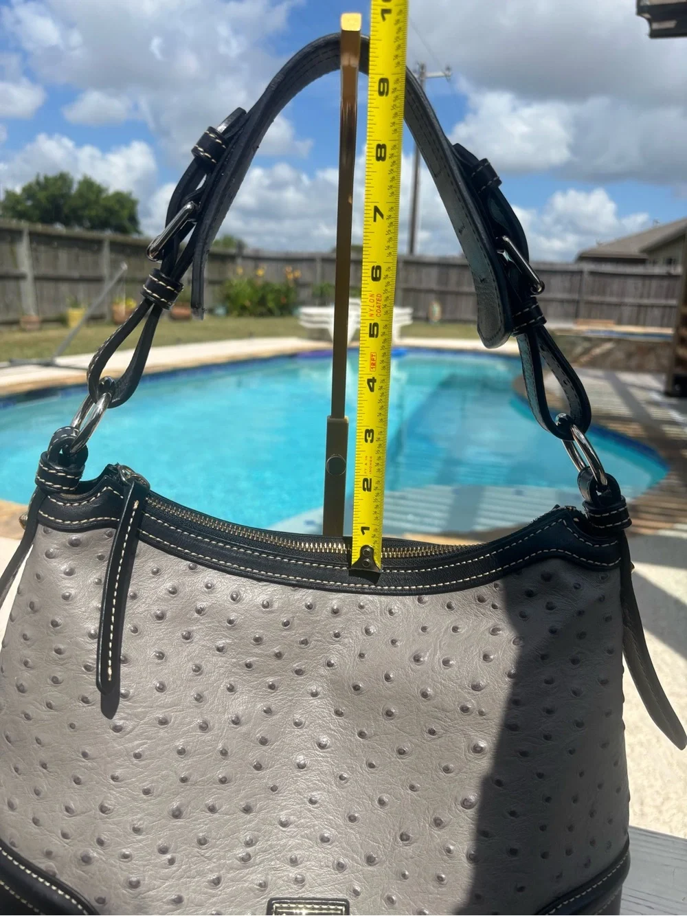 Dooney & Bourke Gray Ostrich-Embossed Leather Shoulder Bag with Black Trim EUC